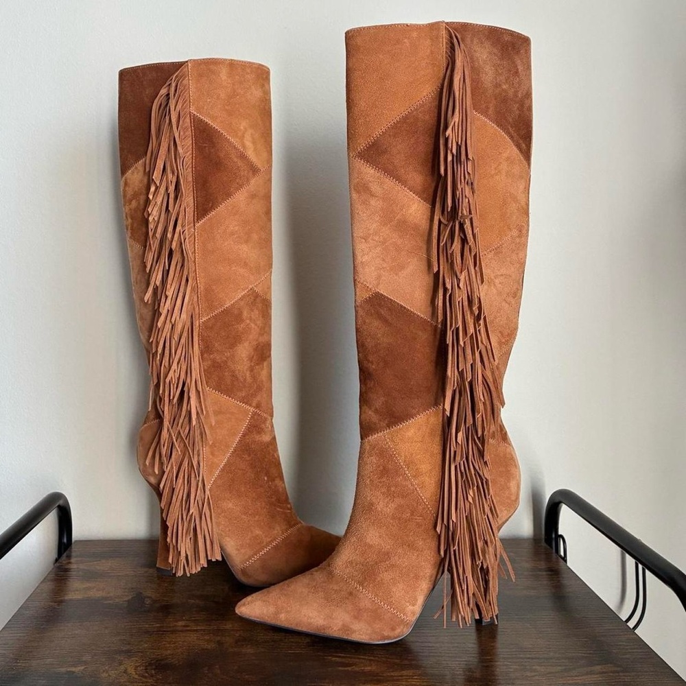 Sam Edelman Tan Suede Fringe Heeled Boots